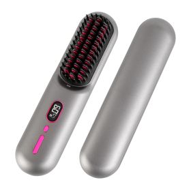 Grey-Black Options -- 1Pc Cordless Negative Ion Hair Straightener Brush Rechargeable Mini Styling Comb With 12 Heating Levels Anti-scald 30S Preh (Color: Grey)
