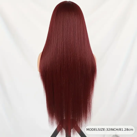 High Temperature Resistant Burgundy Long Straight Lace Non-toxic Wig, Pre-dial Hairline, Non-adhesive, Heat-resistant Synthetic Fiber, (Option: WineRed-32inch)