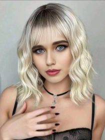 Synthetic Wavy Wig, Non-toxic Wig With Wave Head, With Bangs, Short Mixed Hair For Women, Heat Resistant, Suitable For The Whole Scene (Option: OmbreBrown-14inch)